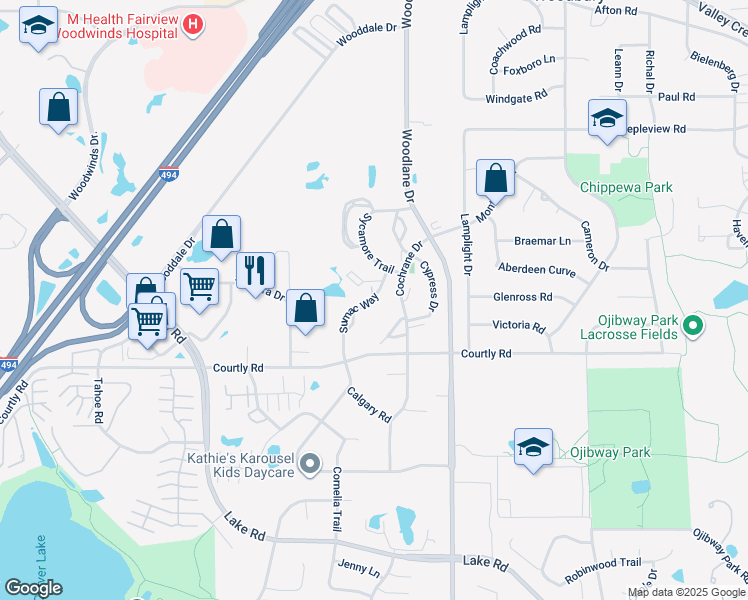 map of restaurants, bars, coffee shops, grocery stores, and more near 2370 Sumac Way in Woodbury