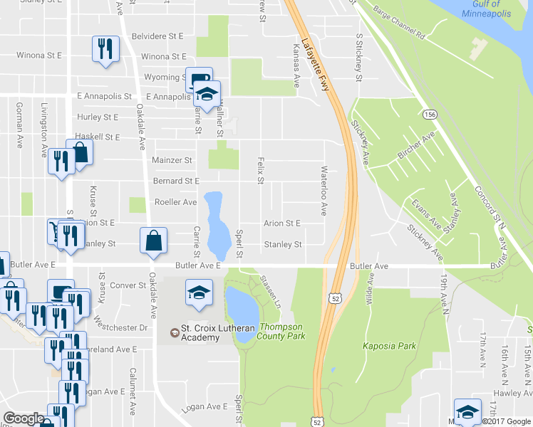 map of restaurants, bars, coffee shops, grocery stores, and more near 1046 Felix Street in Saint Paul