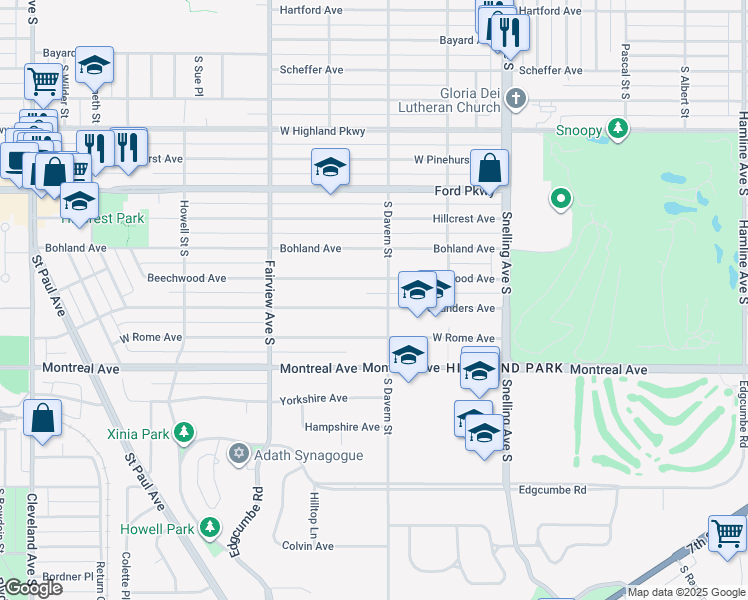 map of restaurants, bars, coffee shops, grocery stores, and more near in Saint Paul