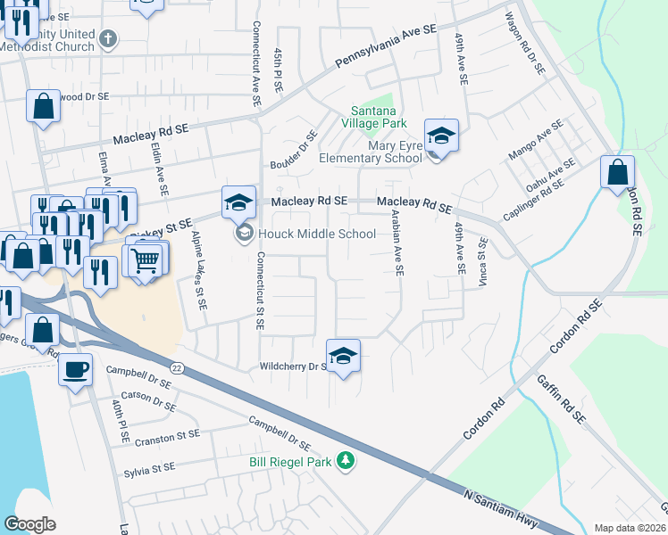 map of restaurants, bars, coffee shops, grocery stores, and more near 1266 46th Place Southeast in Salem