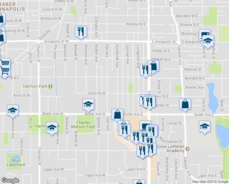 map of restaurants, bars, coffee shops, grocery stores, and more near 1049 Humboldt Avenue in Saint Paul