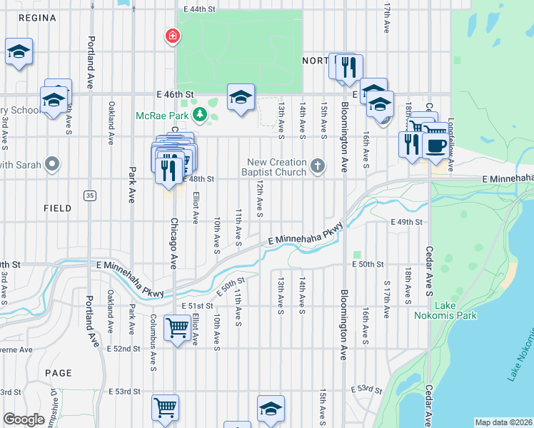 map of restaurants, bars, coffee shops, grocery stores, and more near 4848 13th Avenue South in Minneapolis