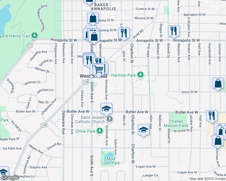 map of restaurants, bars, coffee shops, grocery stores, and more near 319 Arion Street West in Saint Paul