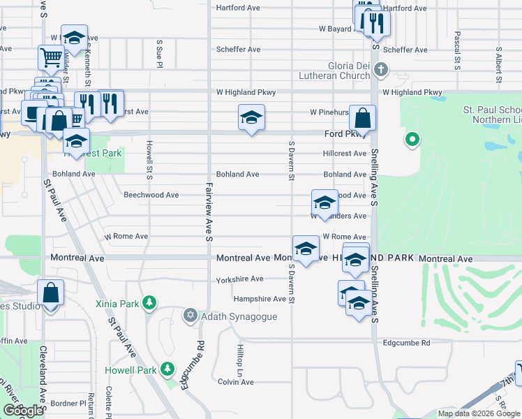 map of restaurants, bars, coffee shops, grocery stores, and more near 1745 West Saunders Avenue in Saint Paul