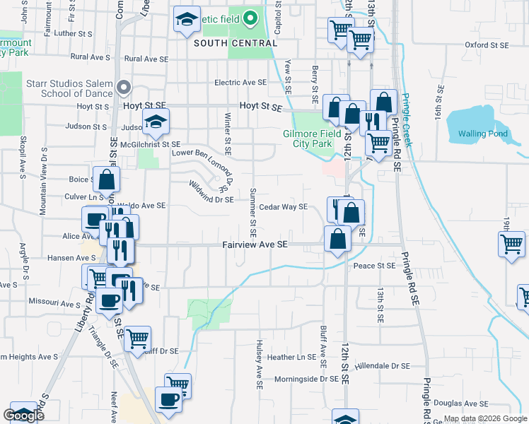 map of restaurants, bars, coffee shops, grocery stores, and more near 910 Cedar Way Southeast in Salem