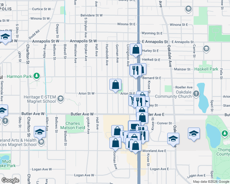 map of restaurants, bars, coffee shops, grocery stores, and more near 1049 Gorman Avenue in Saint Paul