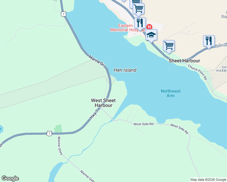 map of restaurants, bars, coffee shops, grocery stores, and more near 22034 Nova Scotia Trunk 7 in Sheet Harbour