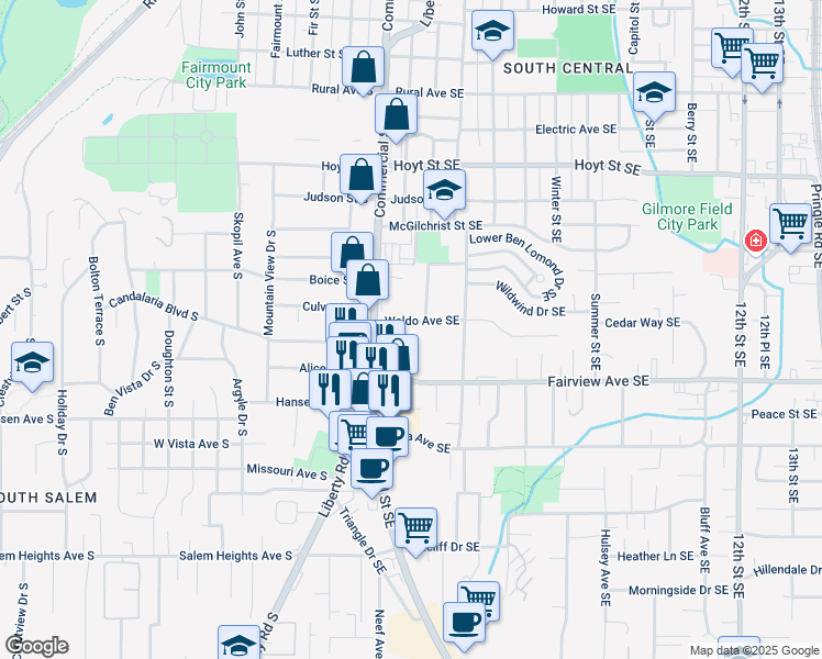 map of restaurants, bars, coffee shops, grocery stores, and more near 380-388 Waldo Avenue Southeast in Salem