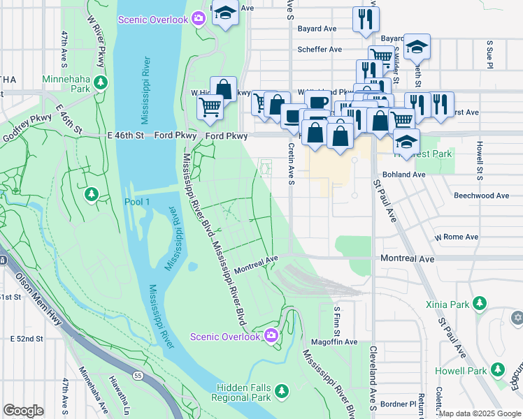 map of restaurants, bars, coffee shops, grocery stores, and more near 966 Mississippi River Boulevard South in Saint Paul