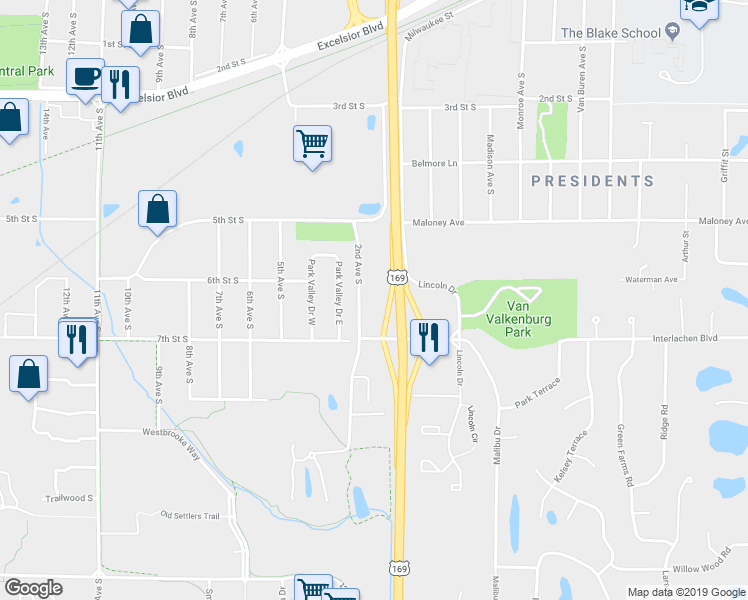 map of restaurants, bars, coffee shops, grocery stores, and more near 601 2nd Avenue South in Hopkins