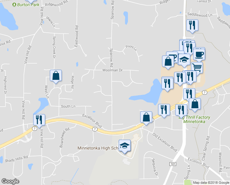 map of restaurants, bars, coffee shops, grocery stores, and more near 4901 Sparrow Road in Minnetonka