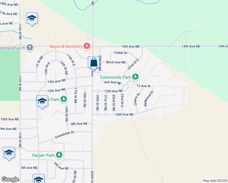map of restaurants, bars, coffee shops, grocery stores, and more near 1198 22nd St NE in Watertown