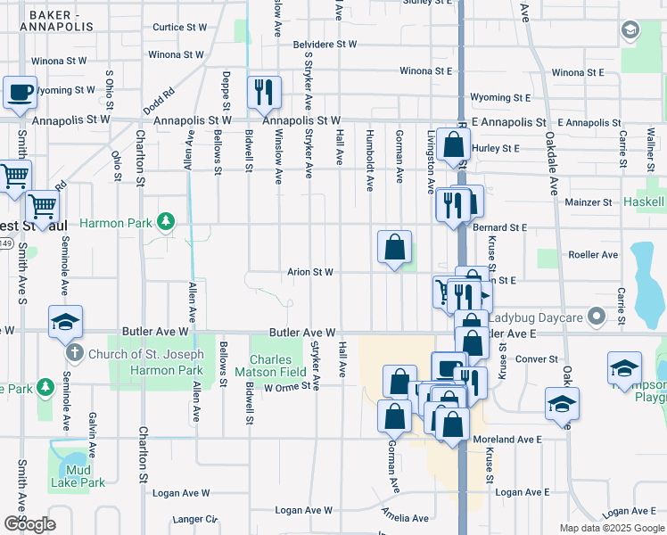 map of restaurants, bars, coffee shops, grocery stores, and more near 1055 Hall Avenue in Saint Paul
