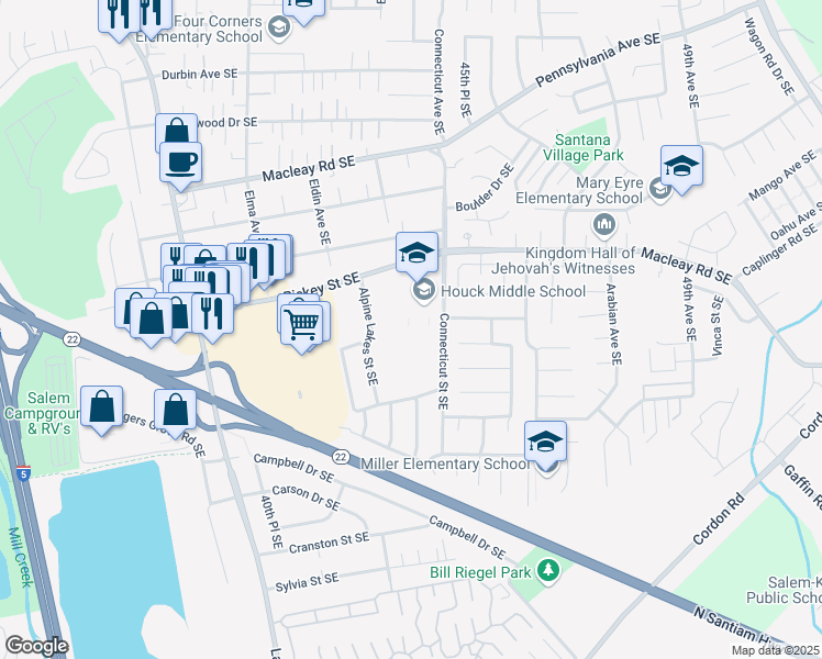 map of restaurants, bars, coffee shops, grocery stores, and more near 1155 Connecticut Street Southeast in Salem