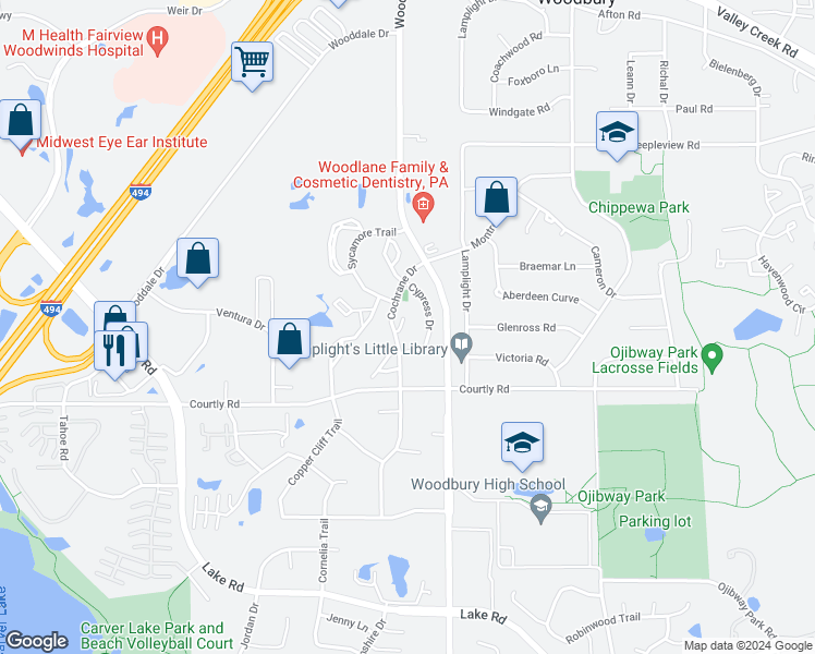map of restaurants, bars, coffee shops, grocery stores, and more near 2377 Cochrane Drive in Woodbury