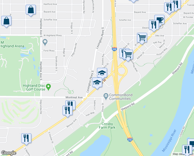 map of restaurants, bars, coffee shops, grocery stores, and more near 900 Albion Avenue in Saint Paul