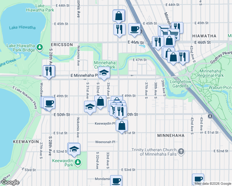 map of restaurants, bars, coffee shops, grocery stores, and more near 4848 South 34th Avenue in Minneapolis