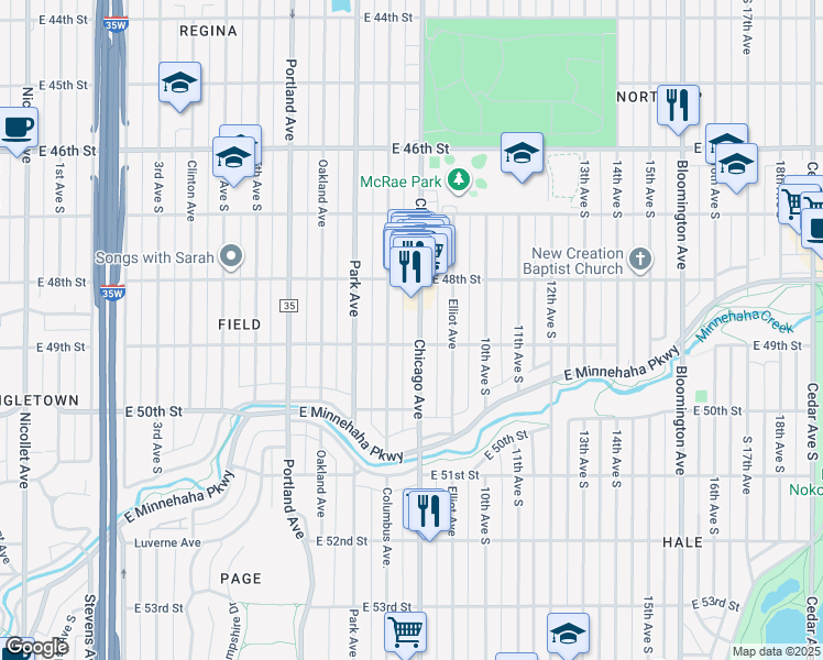 map of restaurants, bars, coffee shops, grocery stores, and more near 4845 Chicago Avenue in Minneapolis