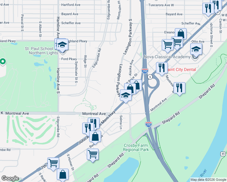 map of restaurants, bars, coffee shops, grocery stores, and more near 875 Lexington Parkway South in Saint Paul