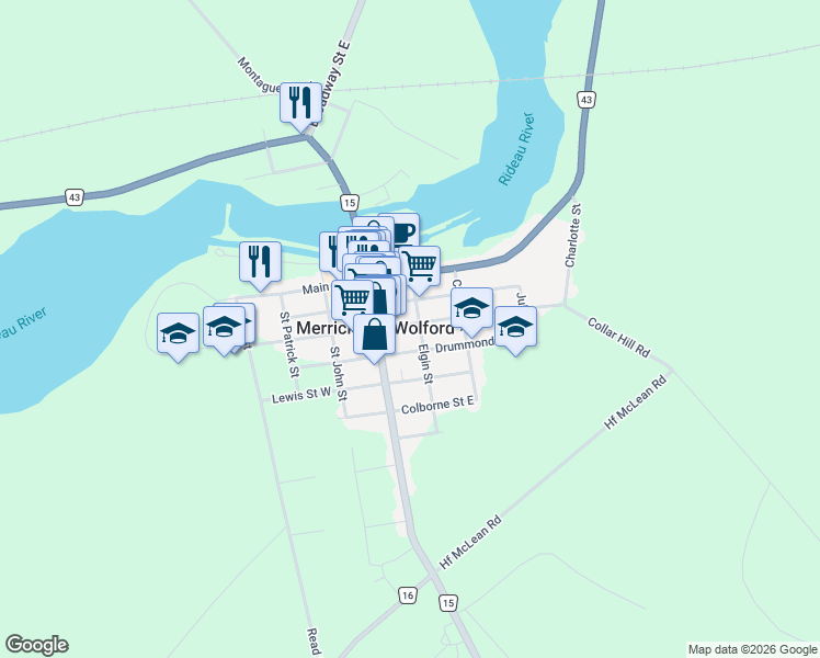 map of restaurants, bars, coffee shops, grocery stores, and more near 118 Brock Street East in Merrickville