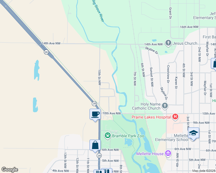 map of restaurants, bars, coffee shops, grocery stores, and more near 901 12th Avenue Northwest in Watertown