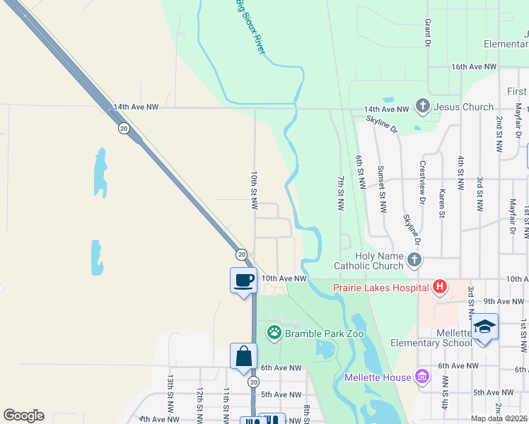 map of restaurants, bars, coffee shops, grocery stores, and more near 901-999 12th Ave NW in Watertown