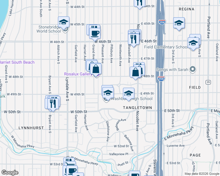 map of restaurants, bars, coffee shops, grocery stores, and more near 144 East 49th Street in Minneapolis