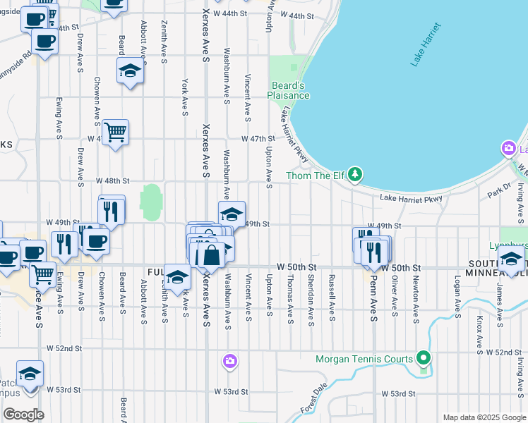 map of restaurants, bars, coffee shops, grocery stores, and more near 4853 Upton Avenue South in Minneapolis
