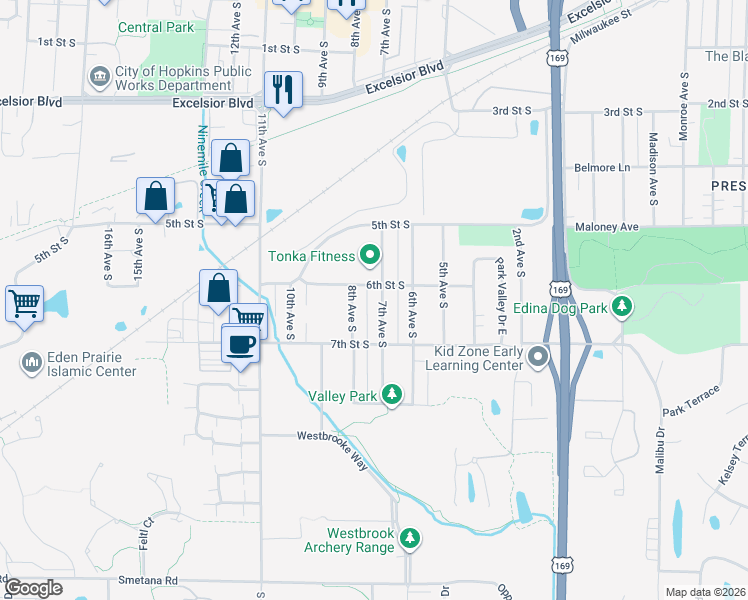 map of restaurants, bars, coffee shops, grocery stores, and more near 610 7th Avenue South in Hopkins