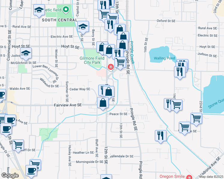 map of restaurants, bars, coffee shops, grocery stores, and more near 2755 12th Place Southeast in Salem