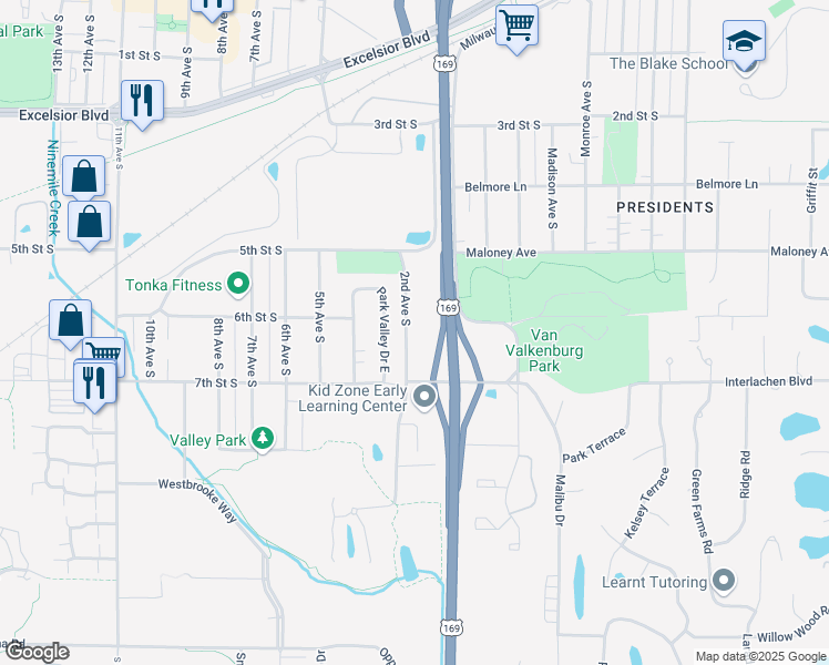 map of restaurants, bars, coffee shops, grocery stores, and more near 601 2nd Avenue South in Hopkins