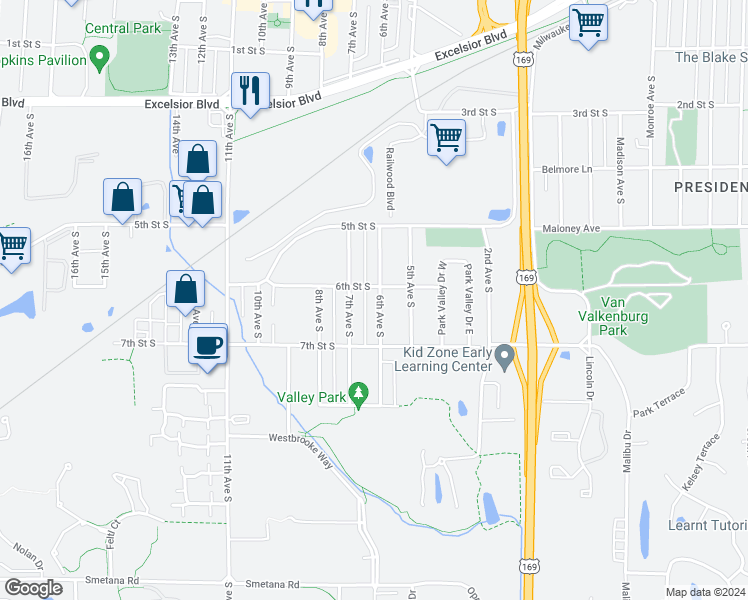 map of restaurants, bars, coffee shops, grocery stores, and more near 610 6th Avenue South in Hopkins