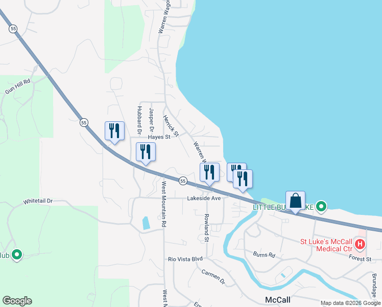 map of restaurants, bars, coffee shops, grocery stores, and more near 1239 Herrick Street in McCall