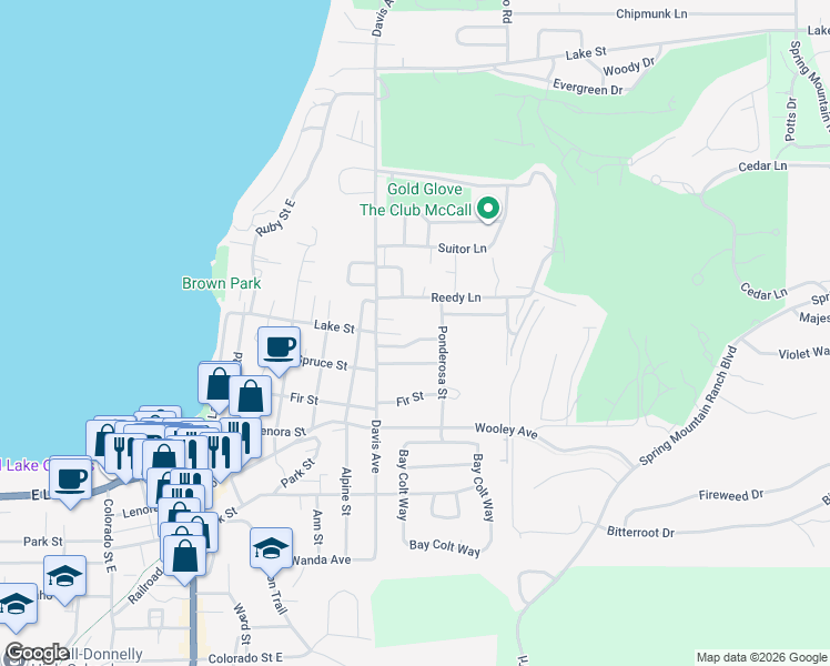 map of restaurants, bars, coffee shops, grocery stores, and more near 705 Spruce Street in McCall