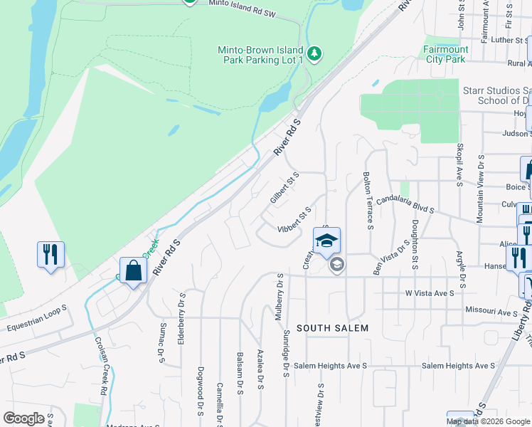 map of restaurants, bars, coffee shops, grocery stores, and more near 2849 Vibbert Street South in Salem