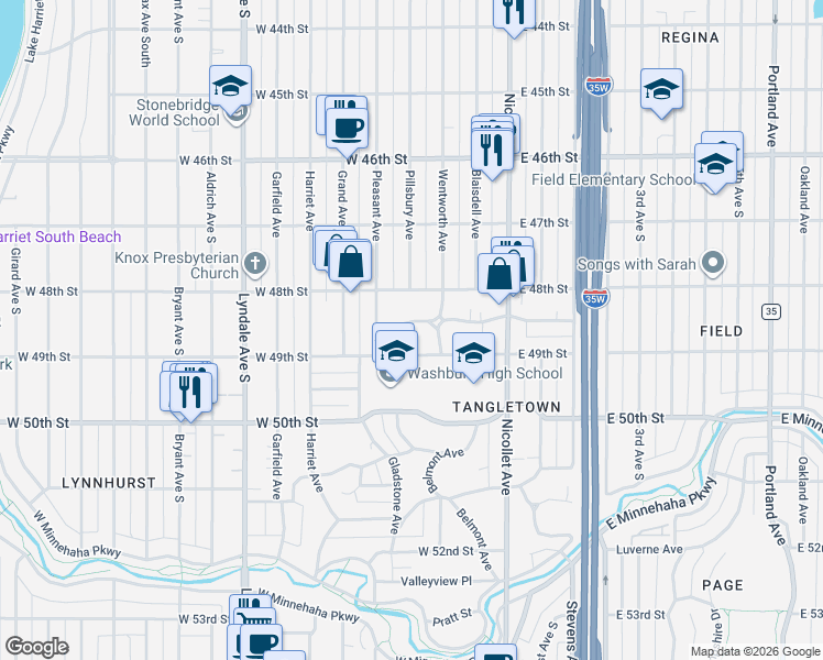 map of restaurants, bars, coffee shops, grocery stores, and more near 144 East 49th Street in Minneapolis