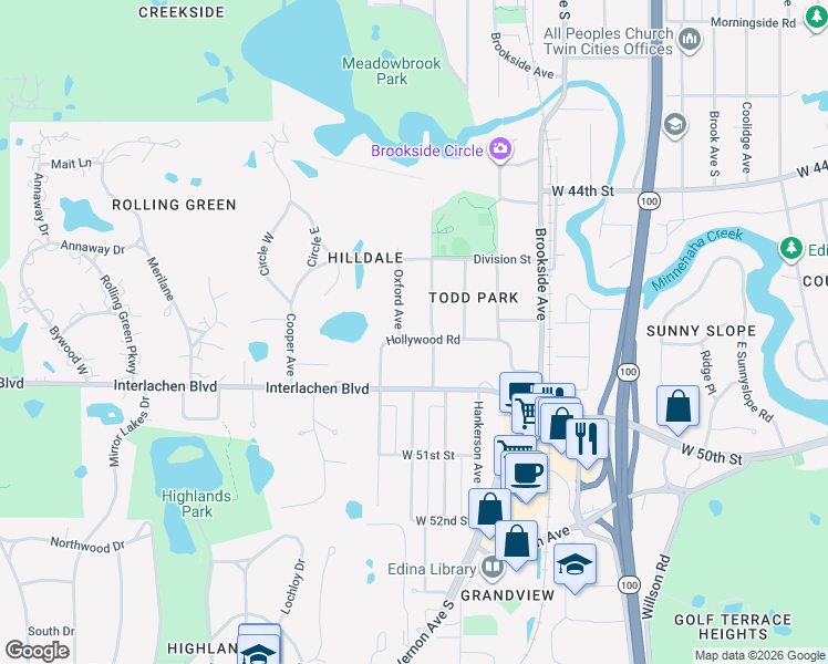 map of restaurants, bars, coffee shops, grocery stores, and more near 5305 Hollywood Road in Minneapolis