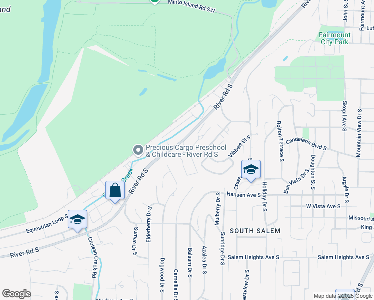 map of restaurants, bars, coffee shops, grocery stores, and more near 2844 River Road South in Salem