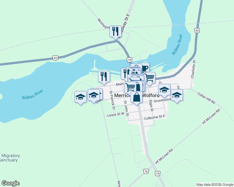 map of restaurants, bars, coffee shops, grocery stores, and more near 305 Brock Street West in Merrickville