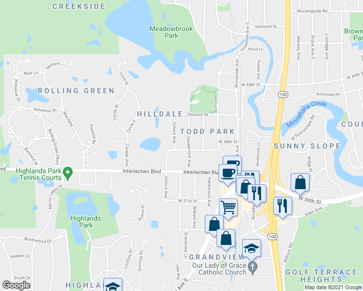 map of restaurants, bars, coffee shops, grocery stores, and more near 5305 Hollywood Road in Minneapolis