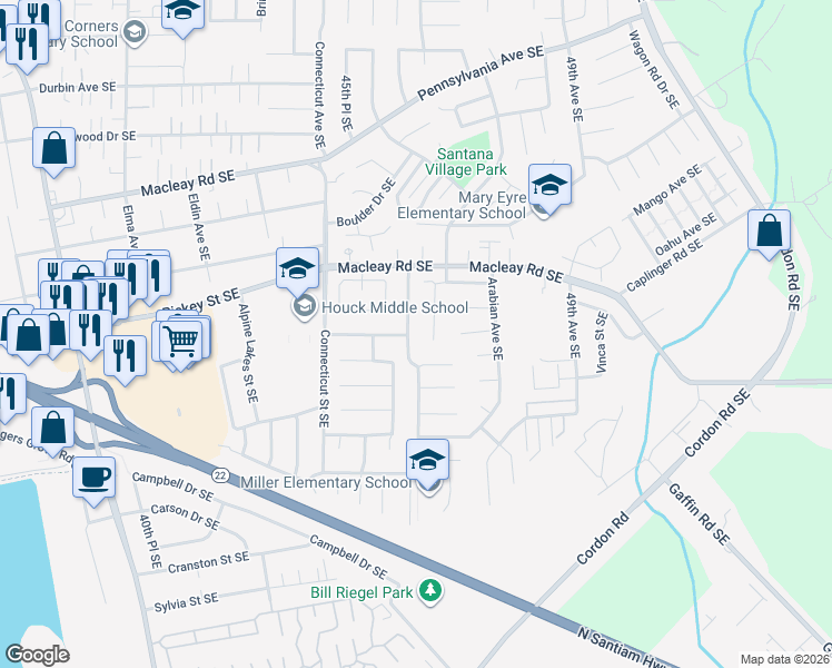 map of restaurants, bars, coffee shops, grocery stores, and more near 1266 46th Place Southeast in Salem