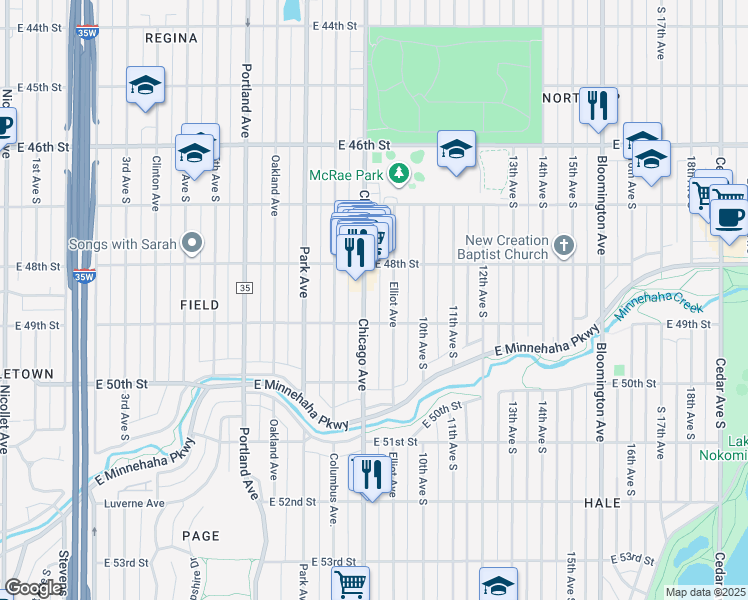 map of restaurants, bars, coffee shops, grocery stores, and more near 4845 Chicago Avenue in Minneapolis