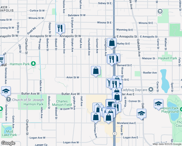 map of restaurants, bars, coffee shops, grocery stores, and more near 1049 Humboldt Avenue in Saint Paul