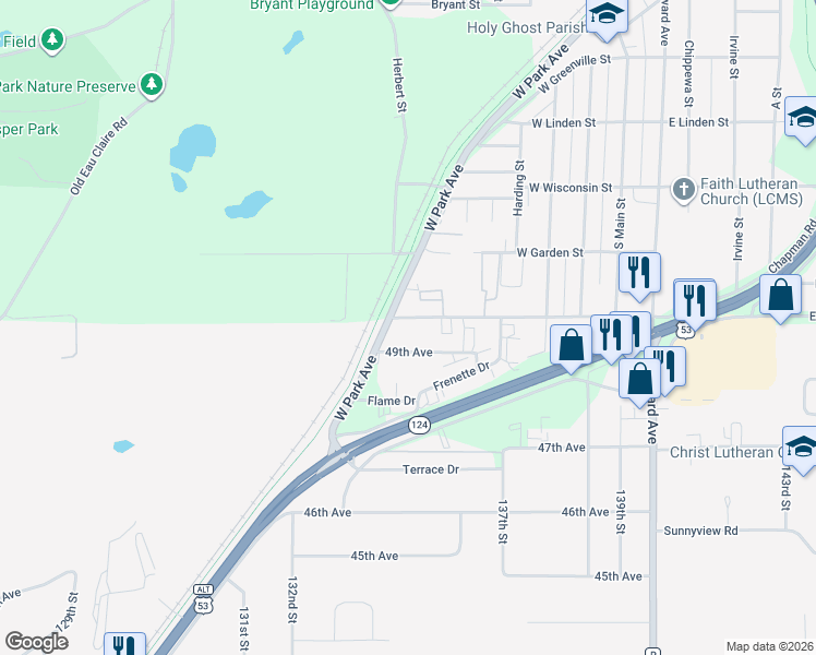 map of restaurants, bars, coffee shops, grocery stores, and more near 13321 50th Avenue in Chippewa Falls