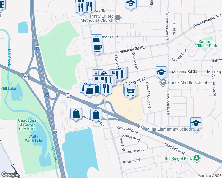 map of restaurants, bars, coffee shops, grocery stores, and more near 1140 Lancaster Drive Southeast in Salem