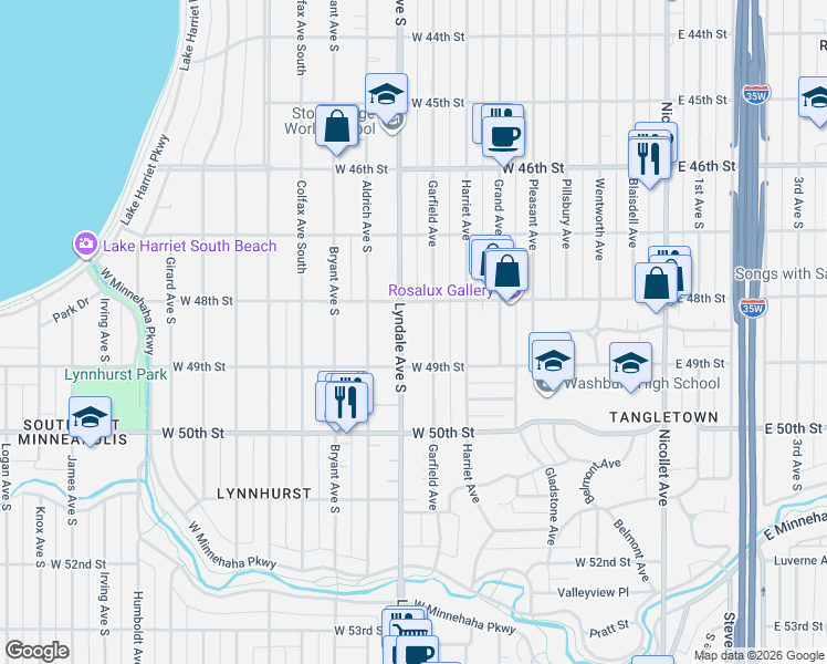 map of restaurants, bars, coffee shops, grocery stores, and more near 4841 Lyndale Avenue South in Minneapolis