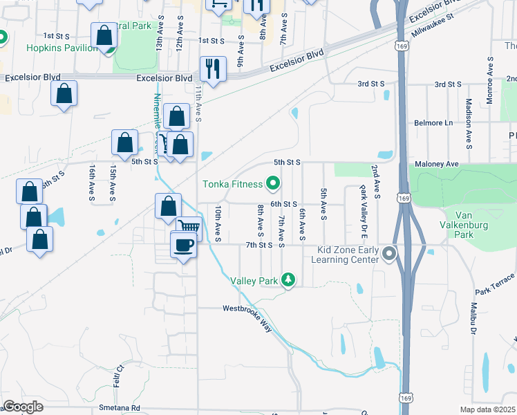 map of restaurants, bars, coffee shops, grocery stores, and more near 810 6th Street South in Hopkins