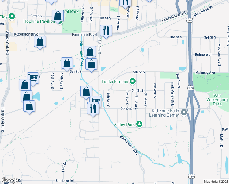 map of restaurants, bars, coffee shops, grocery stores, and more near 621 10th Avenue South in Hopkins