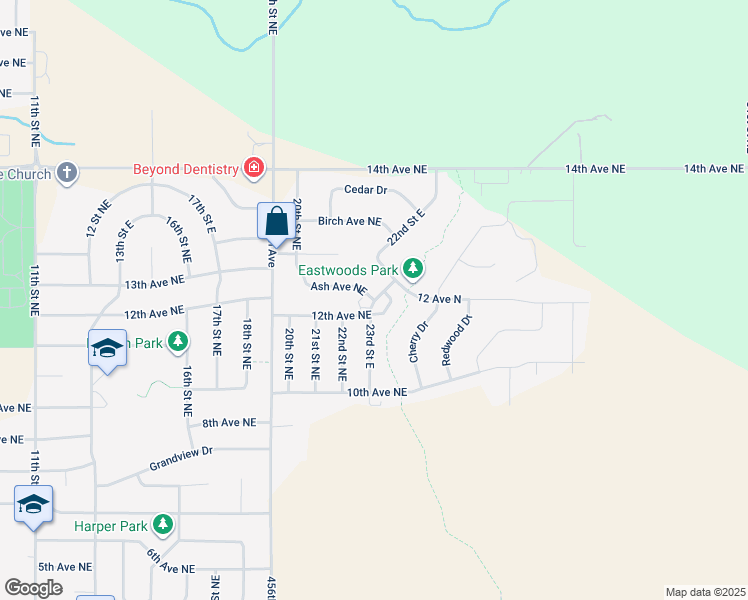 map of restaurants, bars, coffee shops, grocery stores, and more near 2299 Ash Avenue Northeast in Watertown