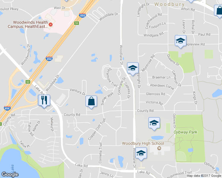map of restaurants, bars, coffee shops, grocery stores, and more near 2296 Sumac Circle in Woodbury